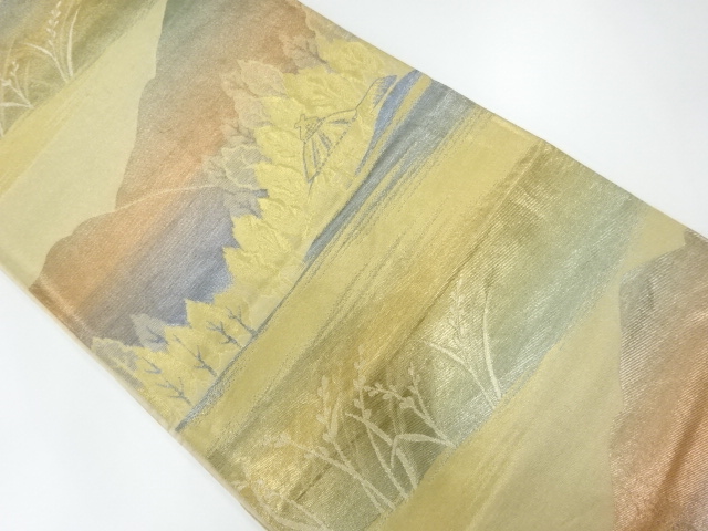 JAPANESE KIMONO / ANTIQUE FUKURO OBI / SILK / WOVEN CENERY OF COUNTRYSIDE